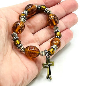 Brass Tone 3D Cross Charm Brown Art Glass Bead Beaded Stretch Bracelet